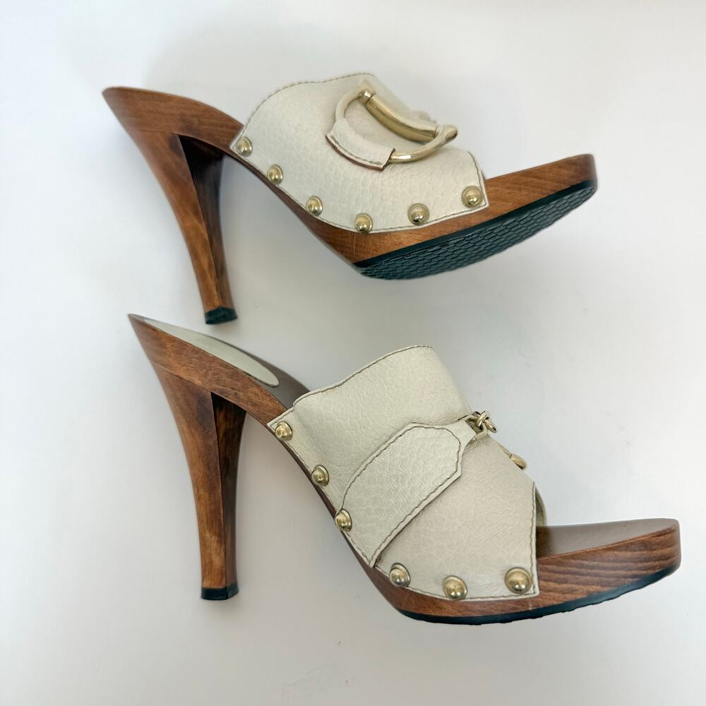 Gucci Leather Horsebit Wooden Clog Heels Sandal in Cream Off-White 7B - Picture 7 of 14